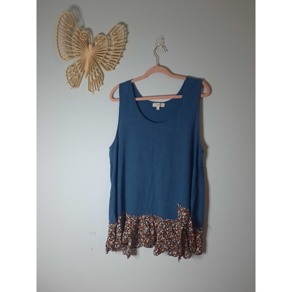 Umgee Plus Womens Blue Sleeveless Tank Top Floral Ruffle Hem Boho Scoop Neck 2XL